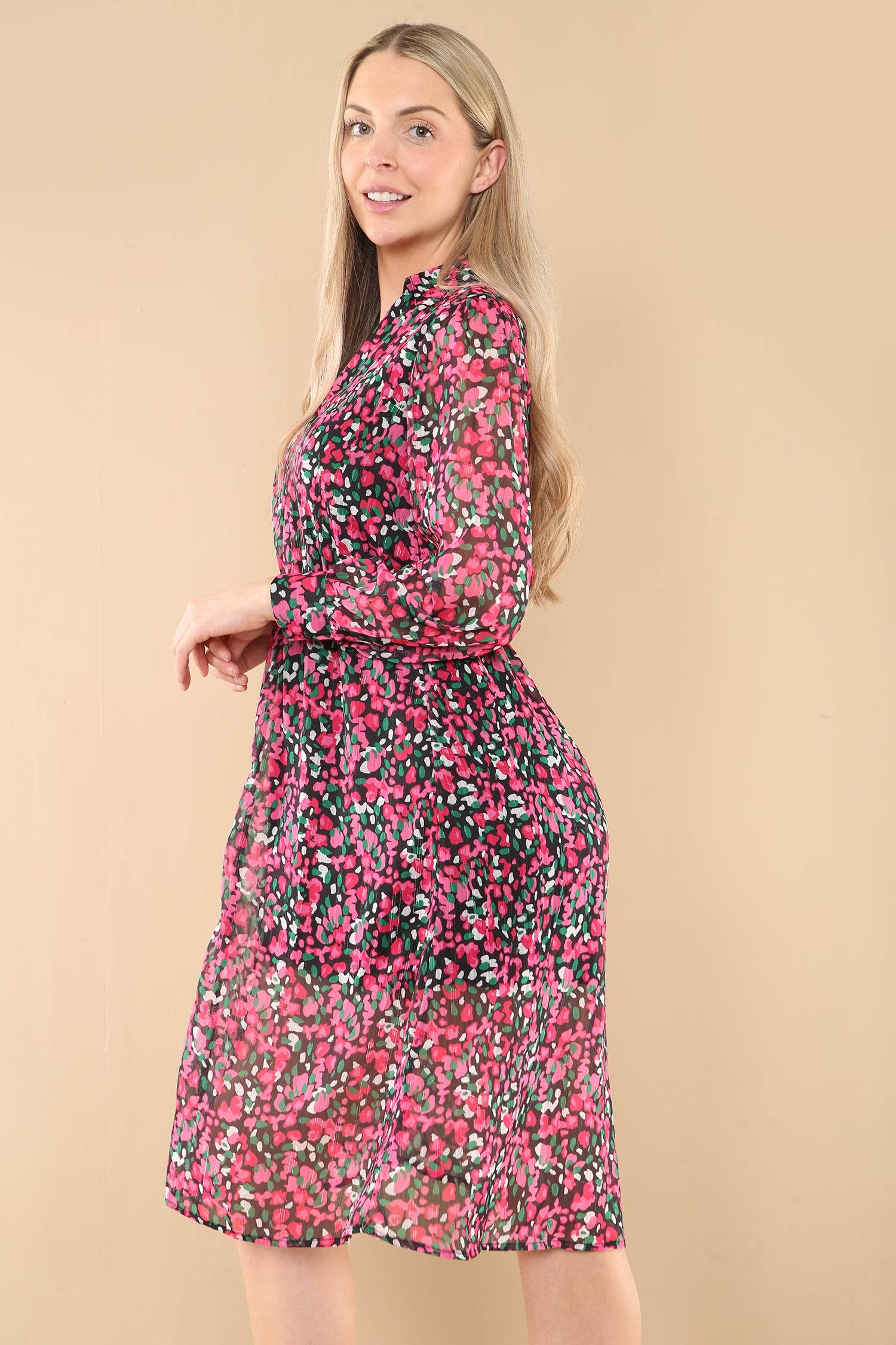 Love Sunshine Fuchsia Floral Print Chiffon V Neck Dress LS-2301