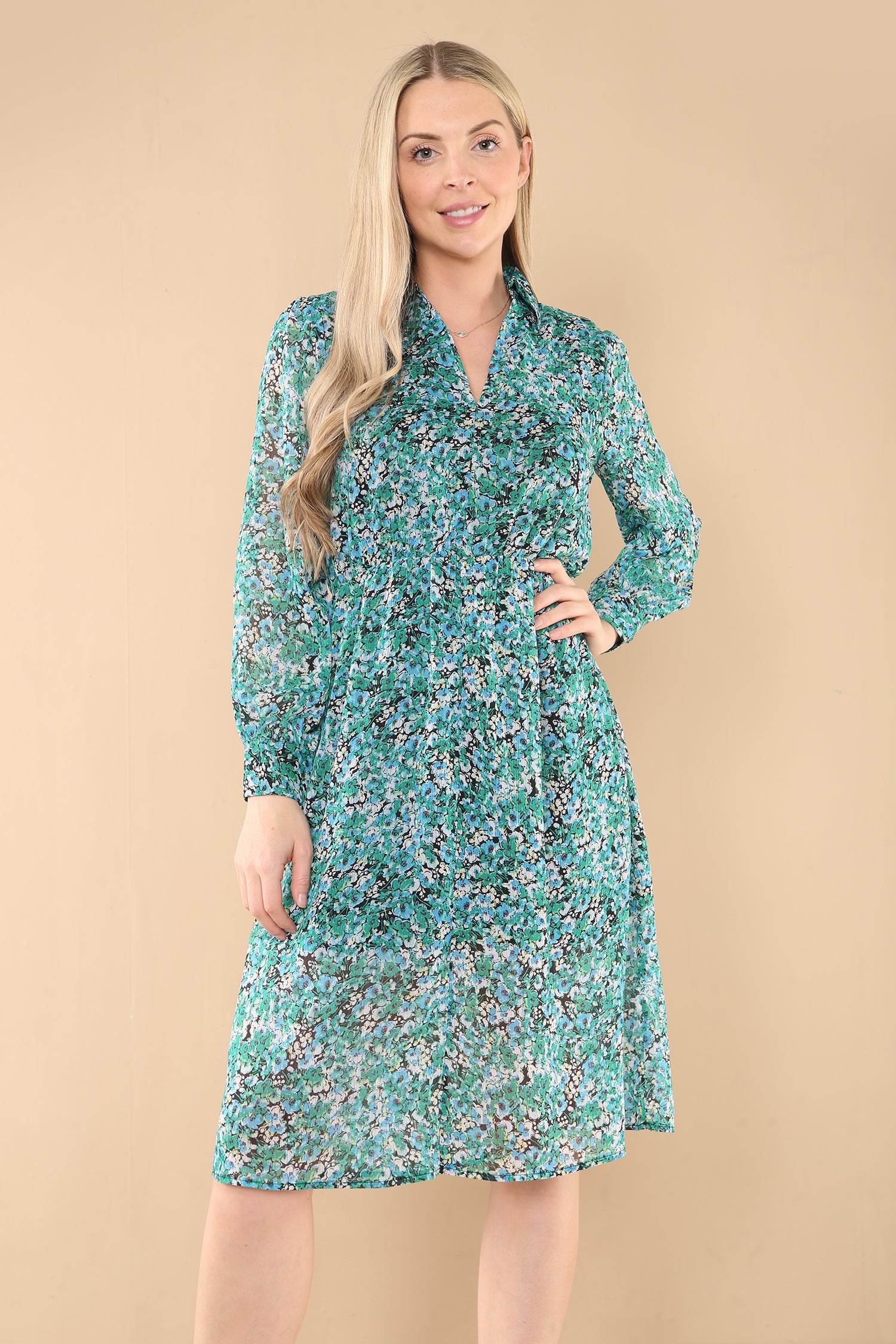 Love Sunshine Green Floral Print Chiffon V Neck Dress LS-2301