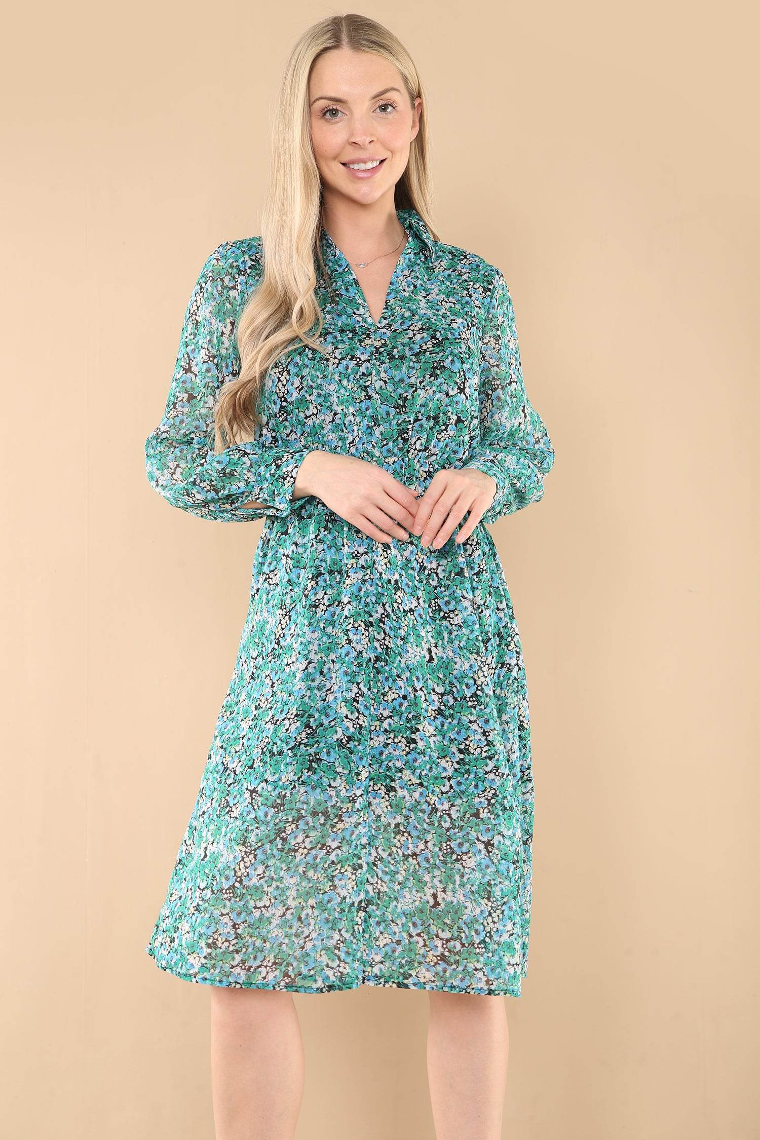 Love Sunshine Green Floral Print Chiffon V Neck Dress LS-2301