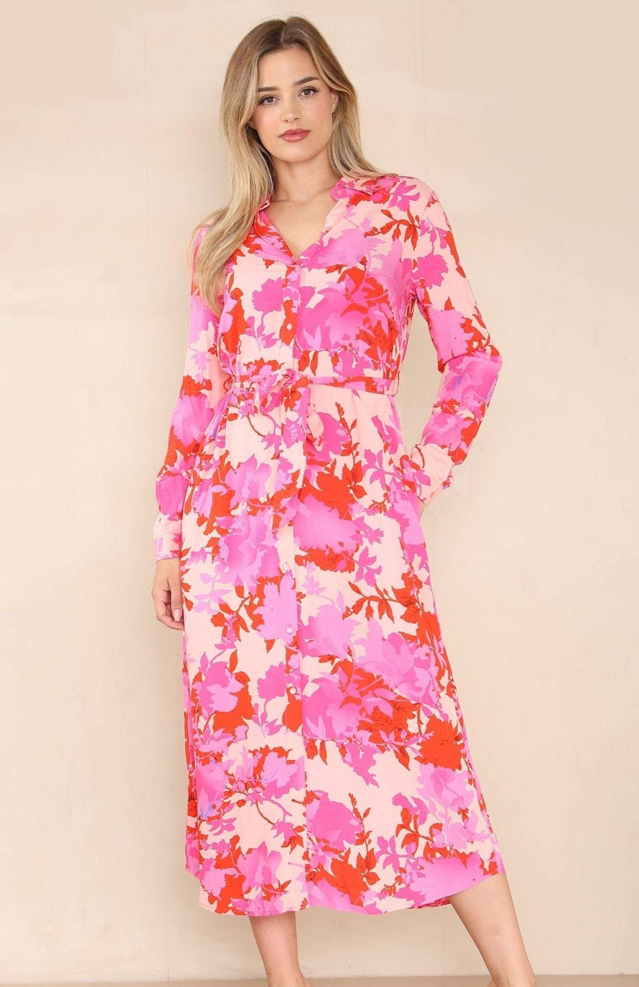 Pink Floral Printed Maxi Shirt Dress – LOVE SUNSHINE