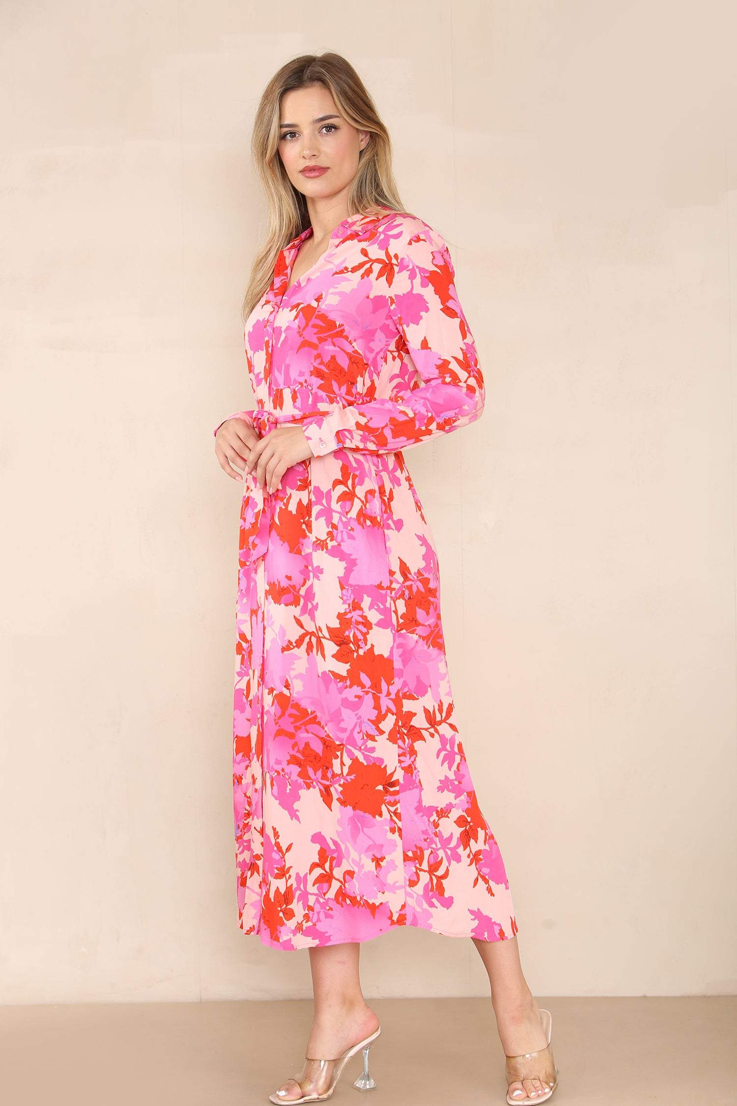 Love Sunshine Pink Floral Printed Maxi Shirt Dress DB LS-2156LL