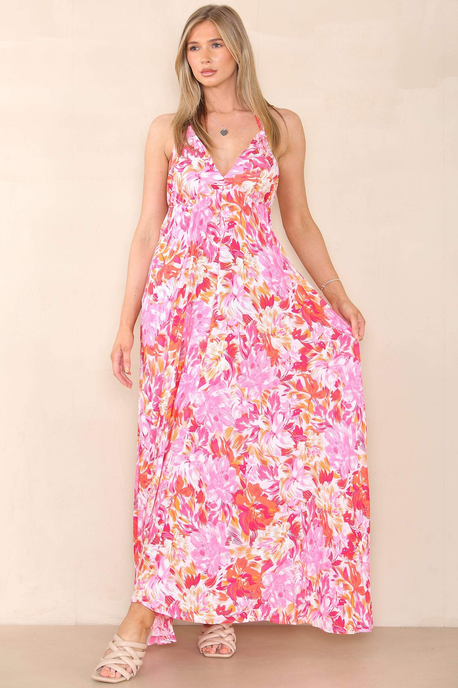 Love Sunshine Pink Floral Print Strappy Maxi Dress FL-327