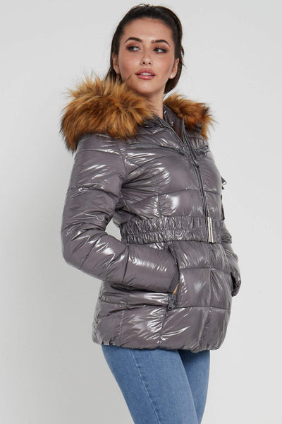 Shiny Grey Belted Puffer Coat with Faux Fur hood – LOVE SUNSHINE