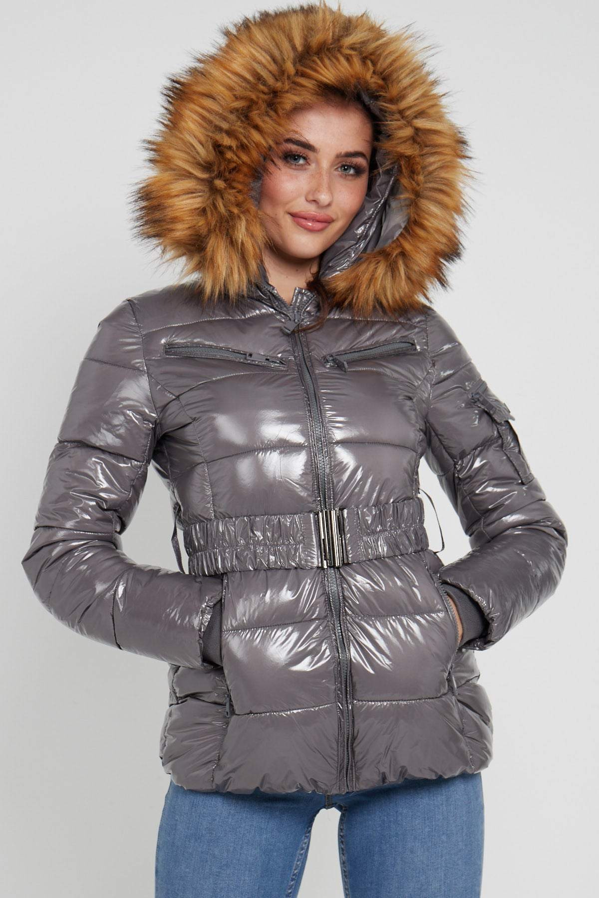 Shiny Grey Belted Puffer Coat with Faux Fur hood – Love Sunshine