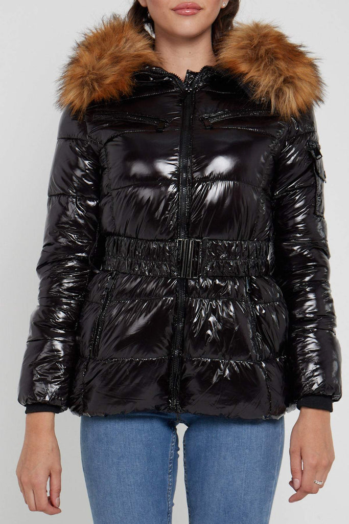 Shiny Black Belted Puffer Coat with Faux Fur hood – LOVE SUNSHINE