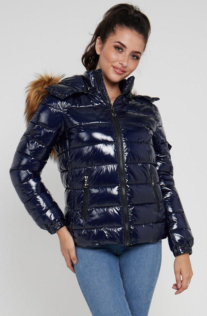 Shiny Navy Puffer Coat with Detachable Faux Fur Hood – Love Sunshine