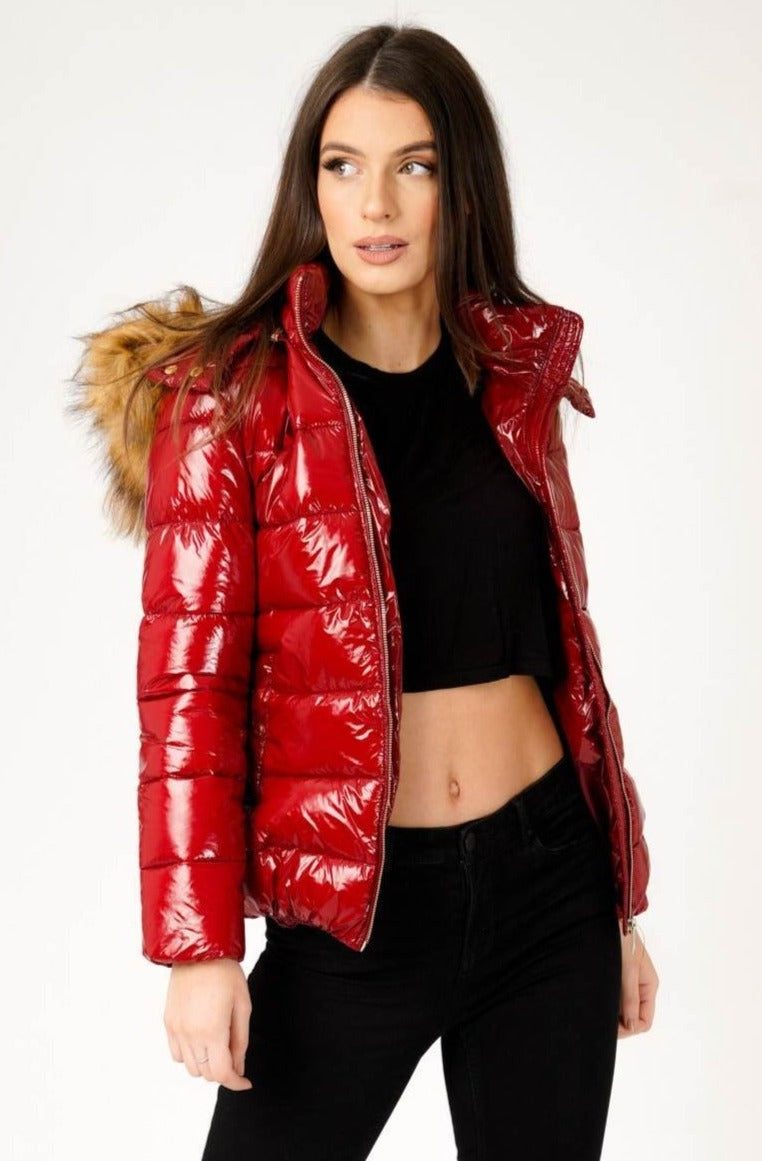 Wet Look Padded Jacket with Faux Fur Hood in Shiny Red – Love Sunshine