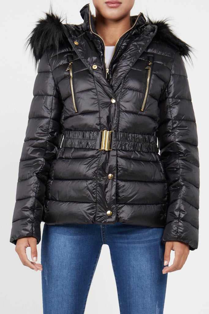 Black Nylon Puffer Jacket with Faux fur on Hood – LOVE SUNSHINE