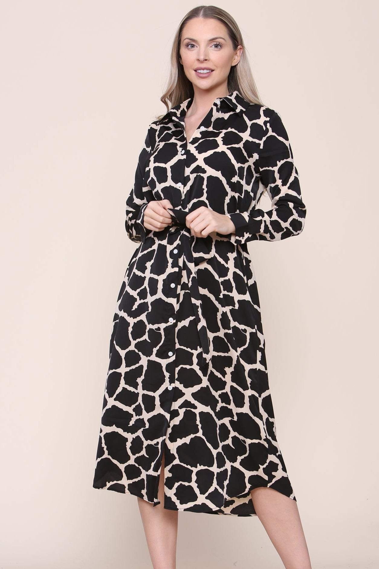 Cream Griaffe Printed Long Sleeve Midi Shirt Dress