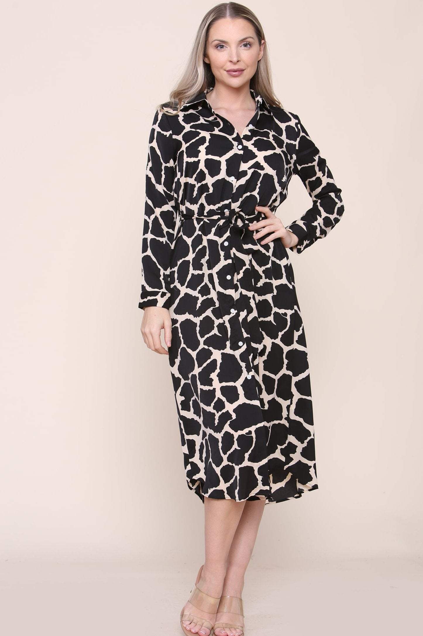 Cream Griaffe Printed Long Sleeve Midi Shirt Dress