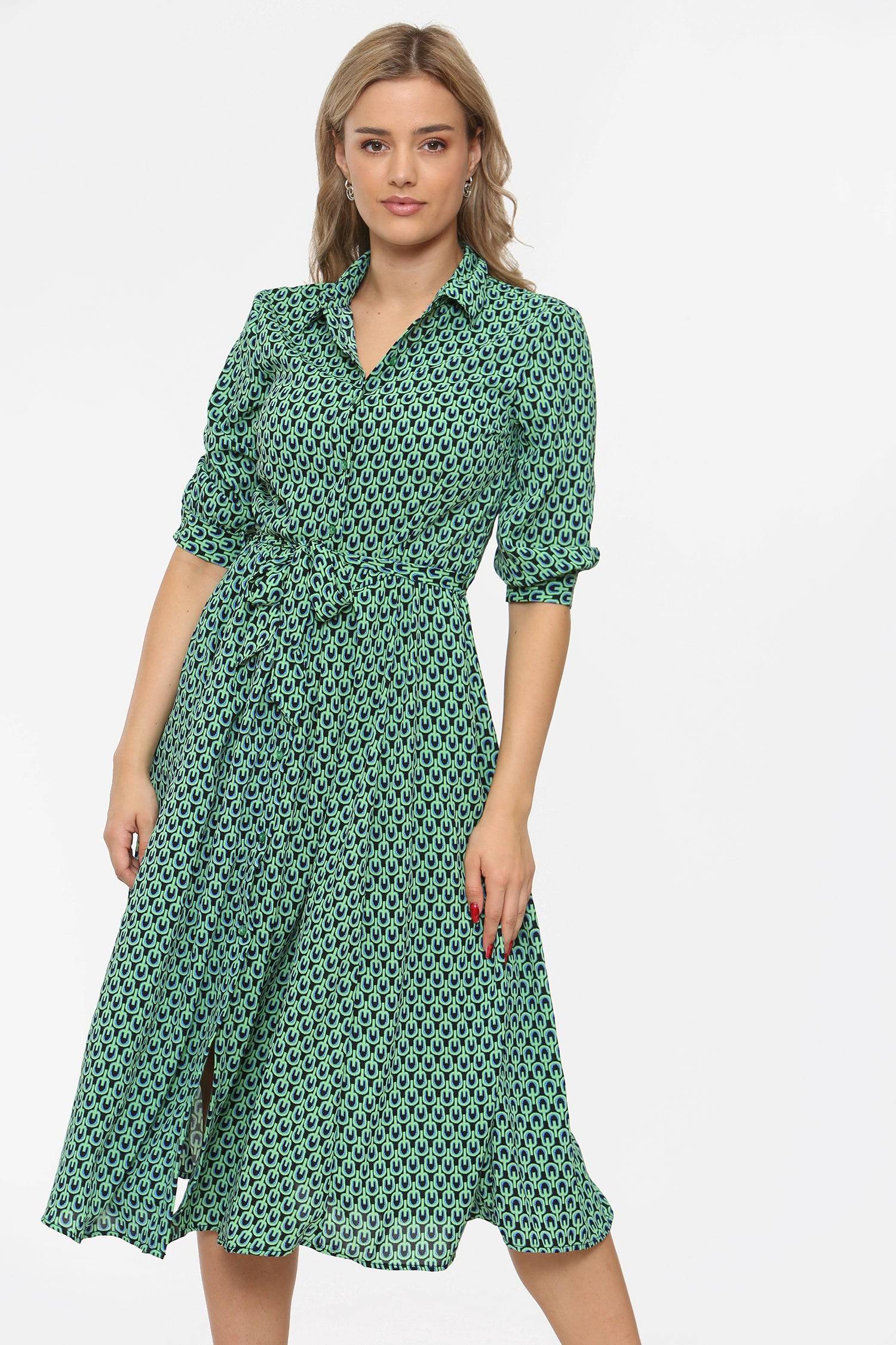 Green Geometric Print Half Sleeve Midi Shirt Dress