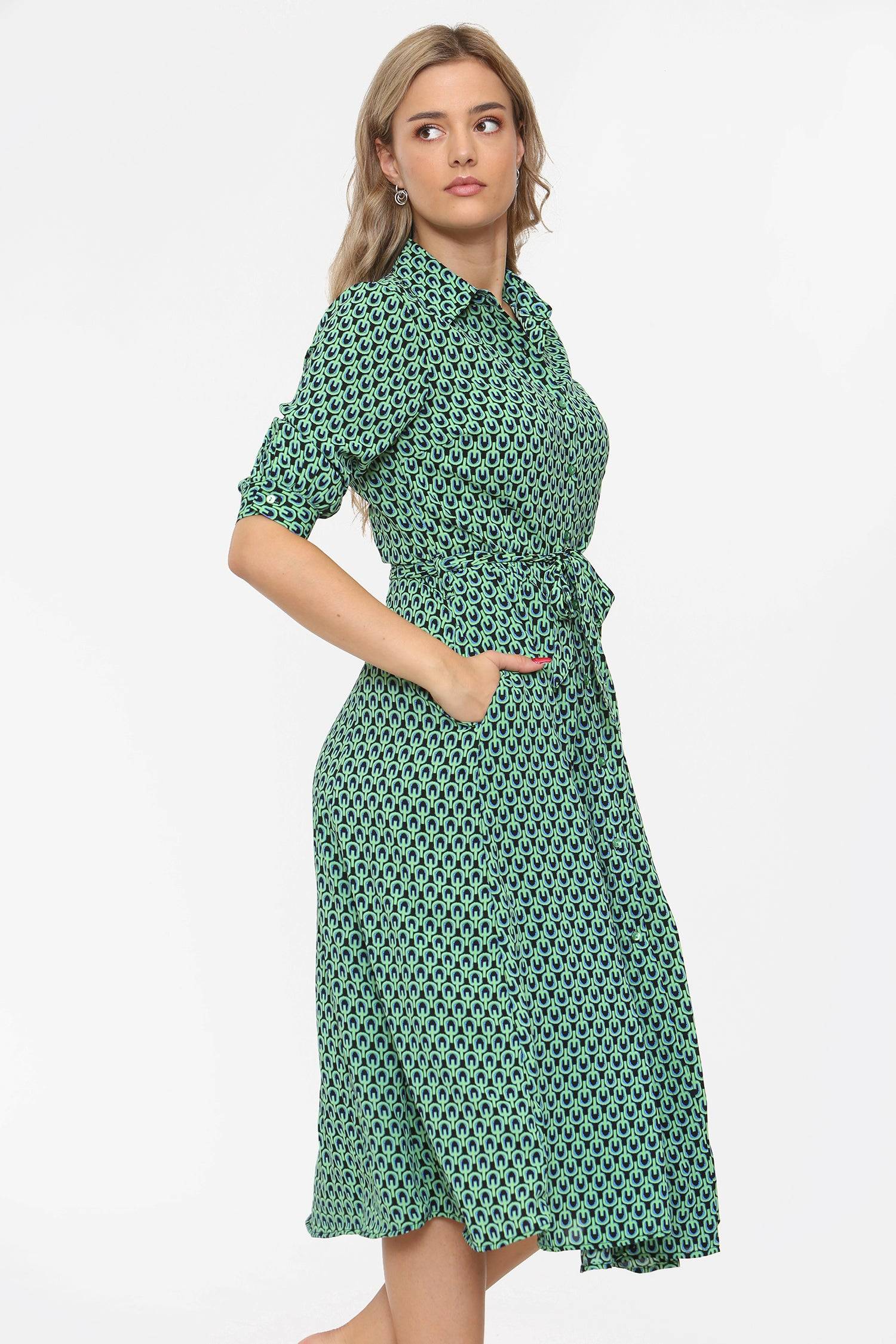 Green Geometric Print Half Sleeve Midi Shirt Dress