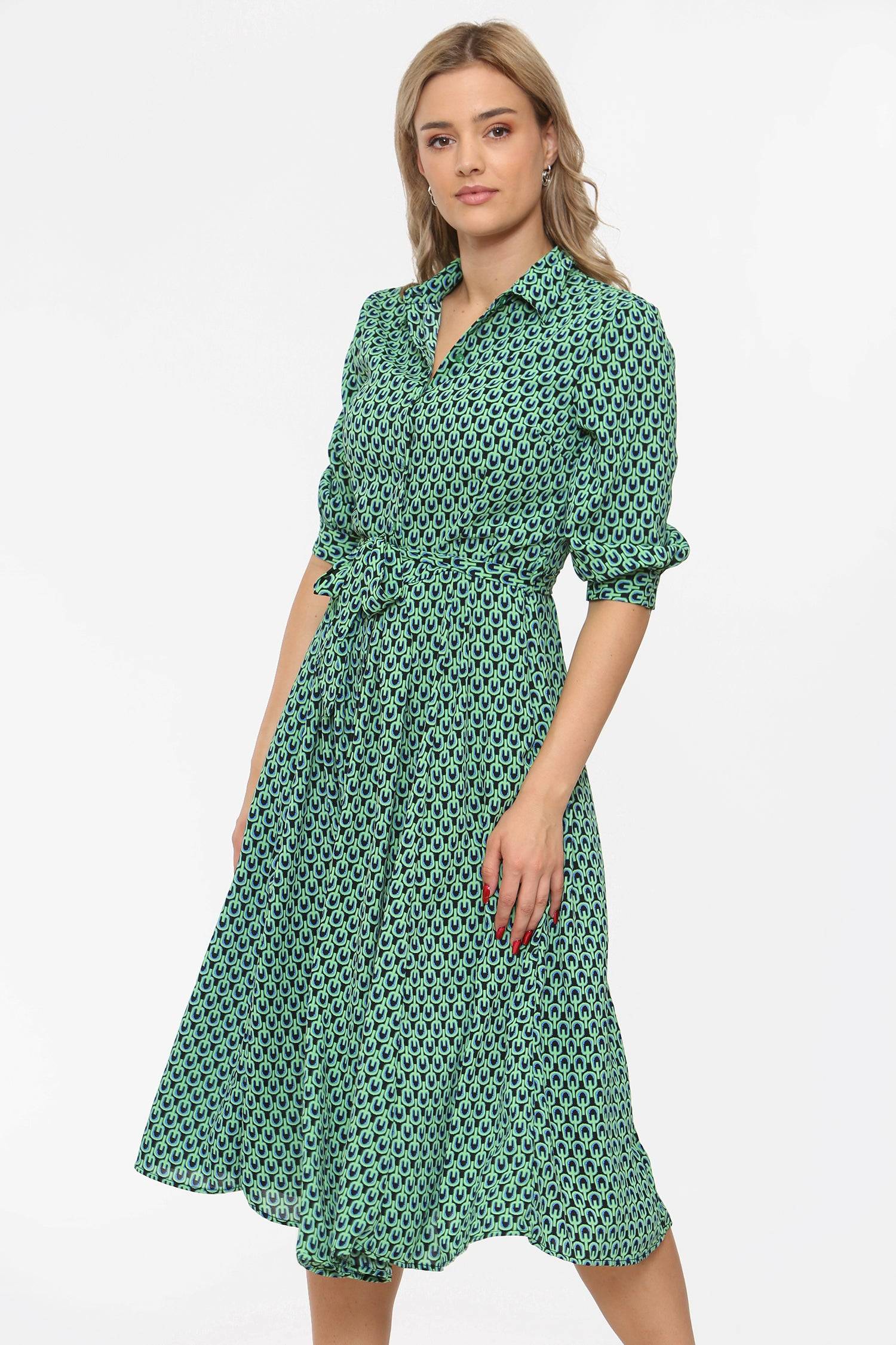 Green Geometric Print Half Sleeve Midi Shirt Dress