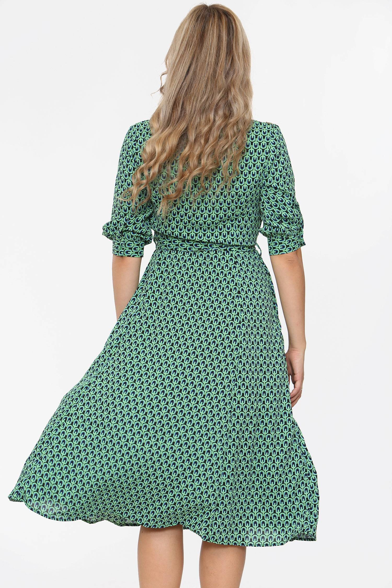 Green Geometric Print Half Sleeve Midi Shirt Dress