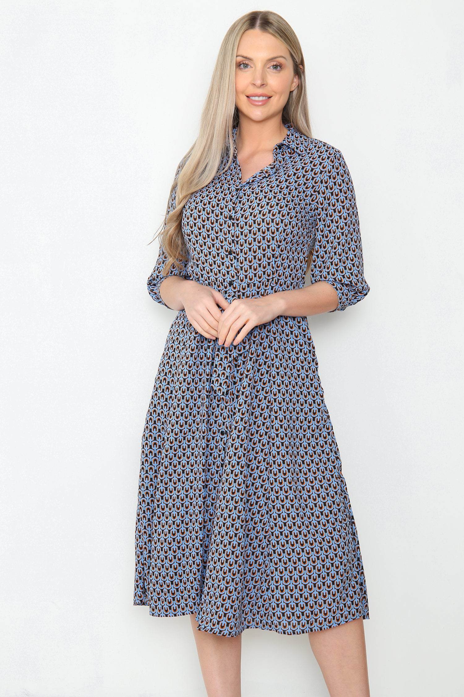 Blue Geo Print Midi Shirt Dress