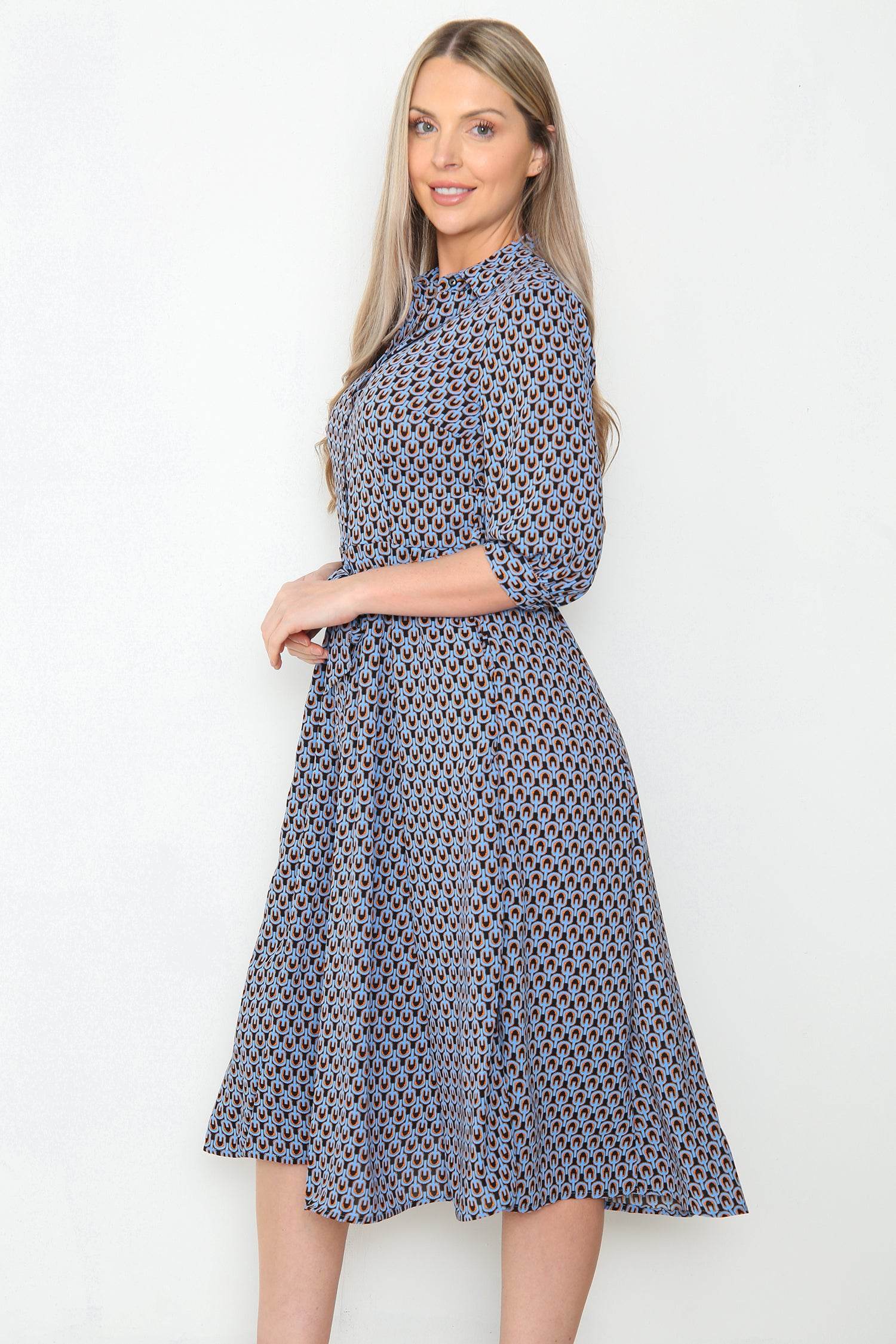 Blue Geo Print Midi Shirt Dress