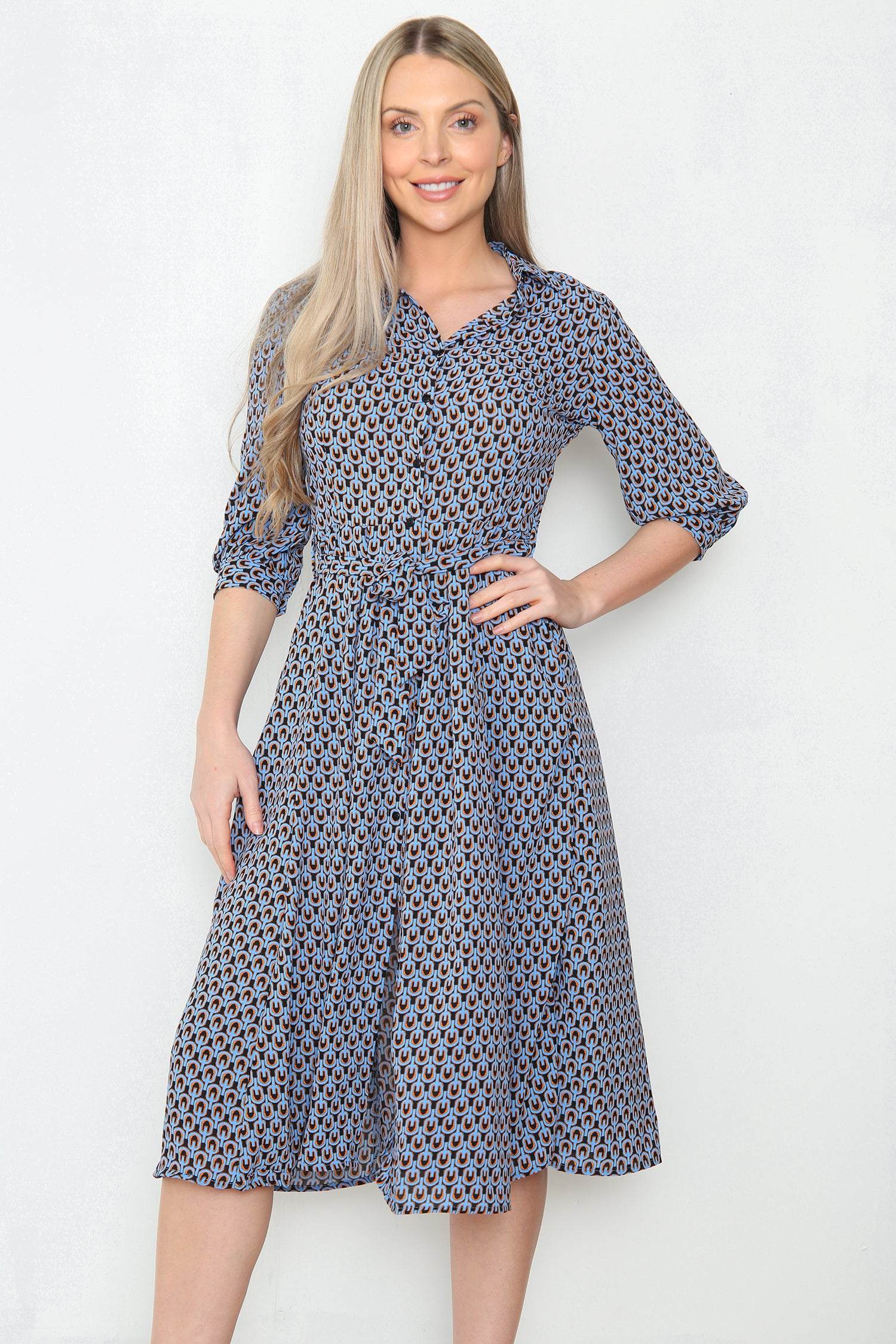 Blue Geo Print Midi Shirt Dress